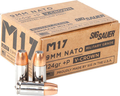Sig Sauer 9mm Luger / Parabellum Military Grade M17 V-Crown + P 124 grain Jacketed Hollow Point ammunition