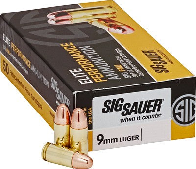 Sig Sauer 9mm Luger / Parabellum Elite Performance 124 grain Full Metal Jacket ammunition