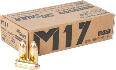 Sig Sauer 9mm Luger / Parabellum Military Grade M17 V-Crown + P 124 grain Full Metal Jacket ammunition