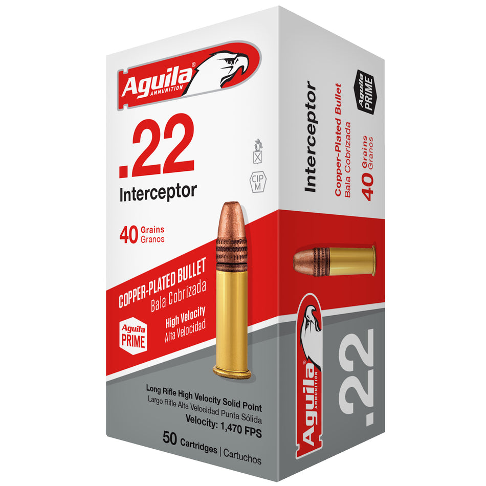 Aguila Interceptor Copper Plated Solid Point 40 Grain .22 Long Rifle 1470 FPS. 640420012995