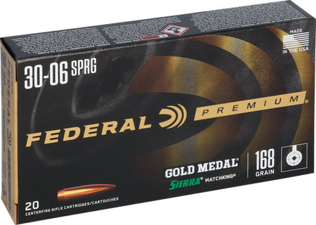 Federal Premium Gold Medal Sierra MatchKing Boat Tail Hollow Point 168 Grain .30-06 Springfield 2700 fps 029465089344