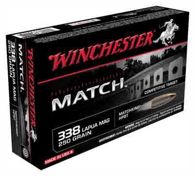 Winchester .338 Lapua Magnum Match 250 grain Sierra MatchKing Boat Tail Hollow Point ammunition