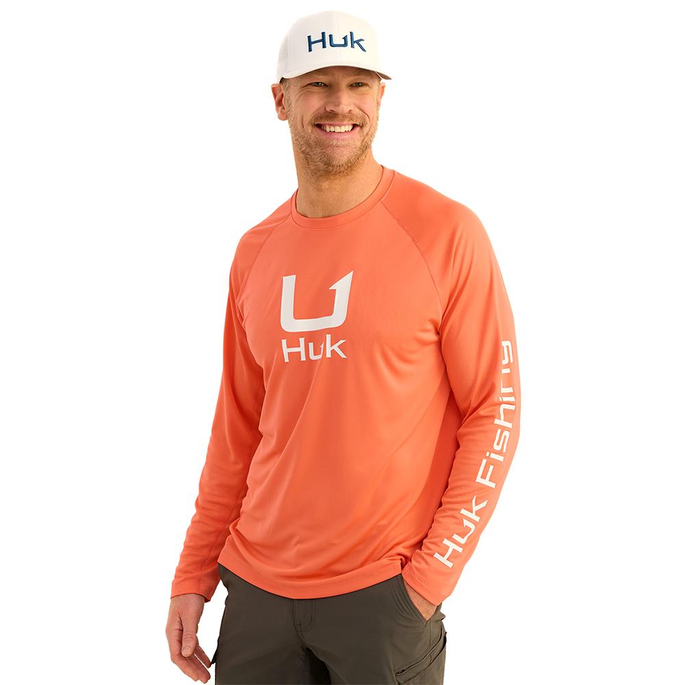 Huk Icon Long Sleeve Performance Shirt Fresh Salmon L with Wicking Mesh