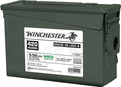 Winchester 5.56x45mm NATO M855 Green Tip Ammo Can Stripper Clips 62 grain Full Metal Jacket ammunition