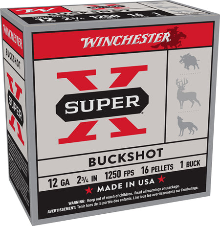 Winchester 12 Gauge Shotgun Ammo Super-X 16 Pellets 2.75 in 1-3/5 oz #1 Buck