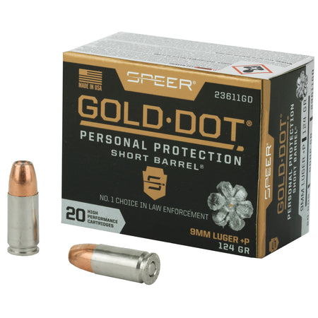 Speer 9mm Luger / Parabellum Gold Dot +P Personal Protection Short Barrel 124 grain Jacketed Hollow Point ammunition