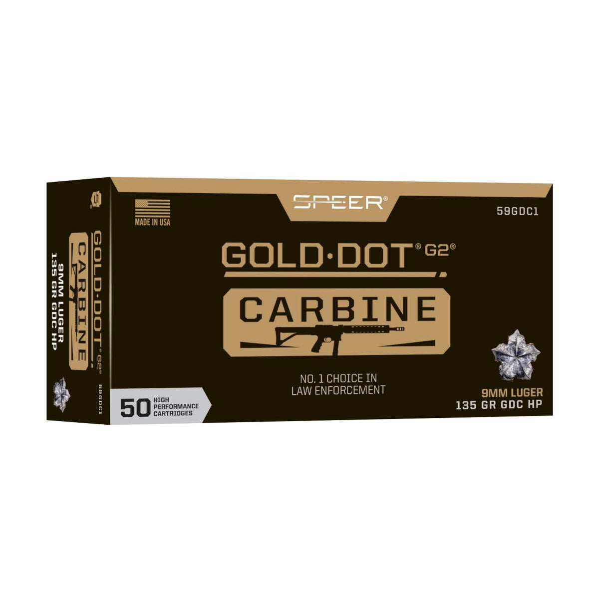 Speer 9mm Luger / Parabellum Gold Dot Carbine 135 grain Jacketed Hollow Point ammunition