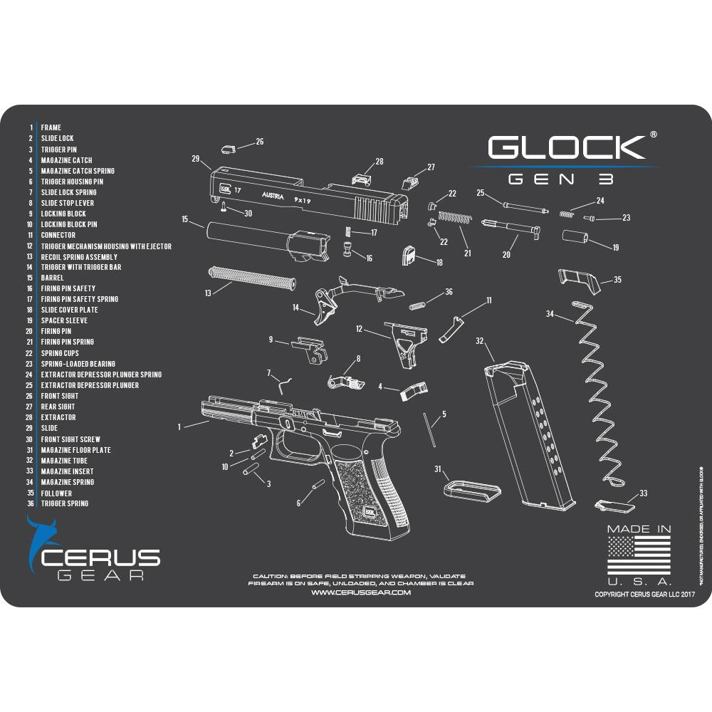 Cerus Gear 12x17 ProMat Glock Gen3 Schematic Armorer Cleaning Mat Gray