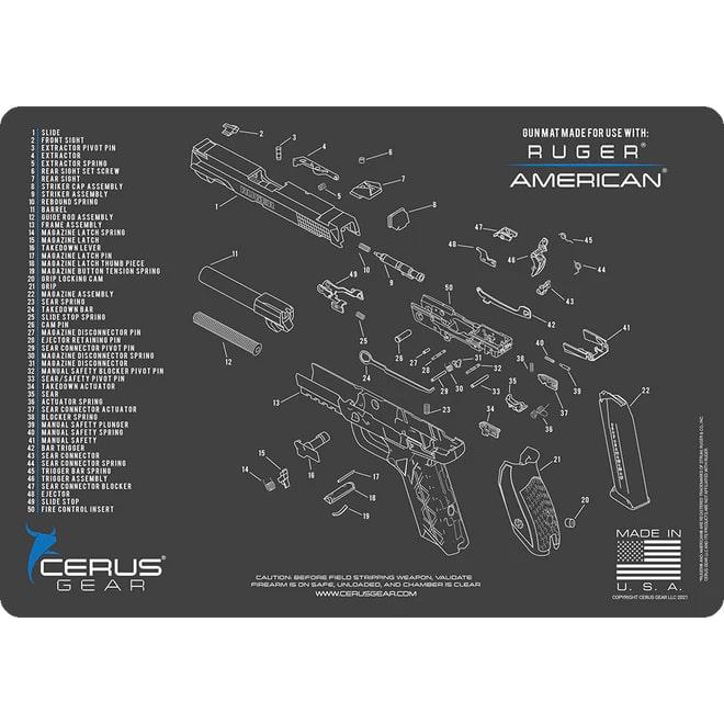 Cerus Gear Ruger American Handgun Cleaning Mat with Schematic 12"x17" Grey Blue