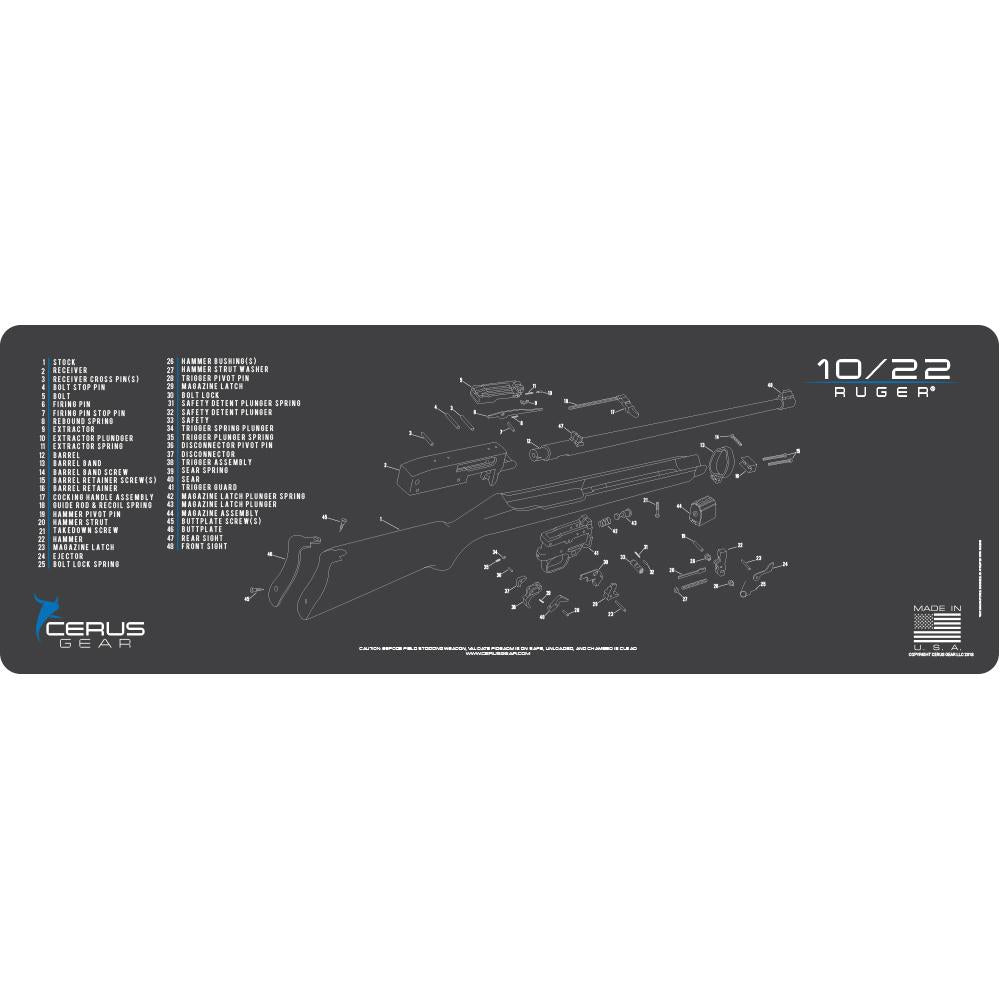 Cerus Gear 12x36 Grey Cleaning Mat with Ruger 10/22 Schematic