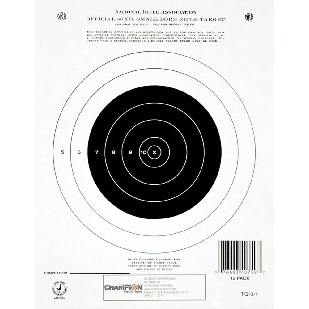 Champion NRA GTQ-3/1 Small Bore Rifle Single Bull Paper Target 12-Count 50yd