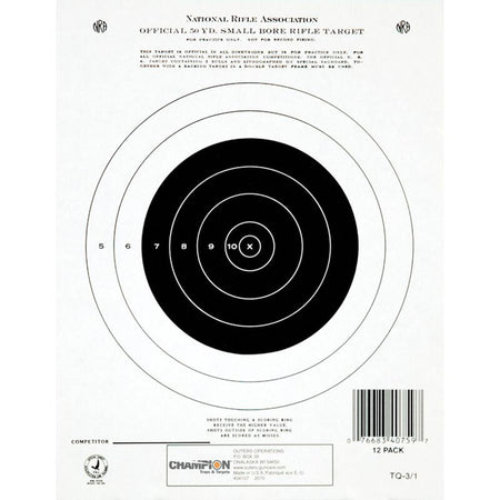Champion NRA GTQ-3/1 Small Bore Rifle Single Bull Paper Target 12-Count 50yd