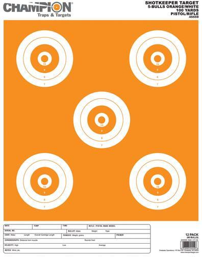 Champion ShotKeeper Large 5-Bull Paper Targets White/Orange 12/Pack
