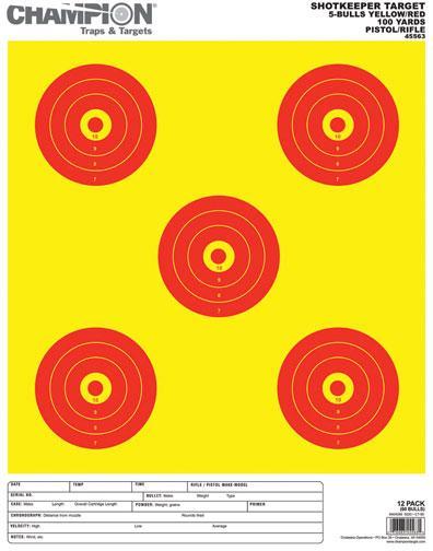 Champion ShotKeeper Large 5-Bull Paper Targets Yellow/Red 12/Pack