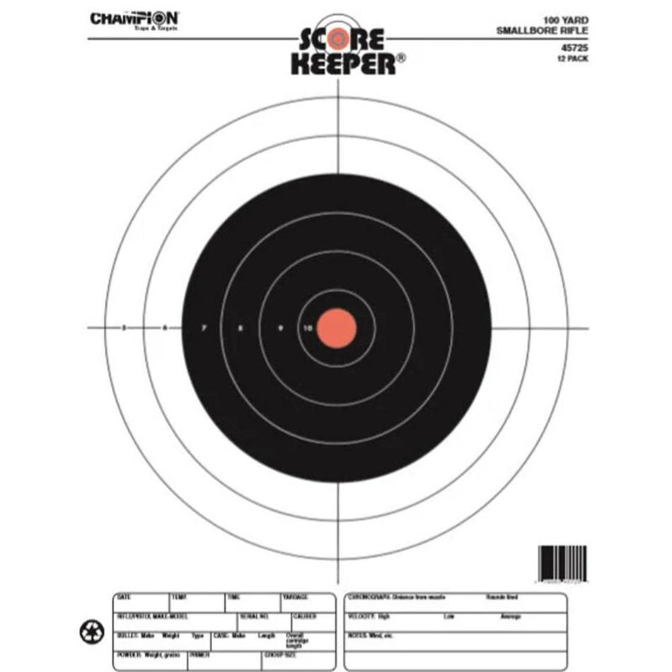 Champion Scorekeeper 100 Yd Small Bore Rifle Targets Fluorescent Orange Bullseye 12/ct
