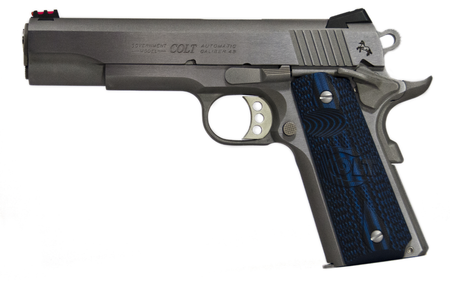 Colt Mfg O1073CCS Competition Government 38 Super 9+1 5" Stainless National Match Barrel, Serrated Slide & Frame w/Beavertail, Checkered Blue G10 Grip, Ambidextrous