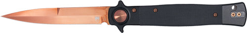 CobraTec Stiletto 4" Rose Gold Blade G-10 Black Handle Button Lock Knife