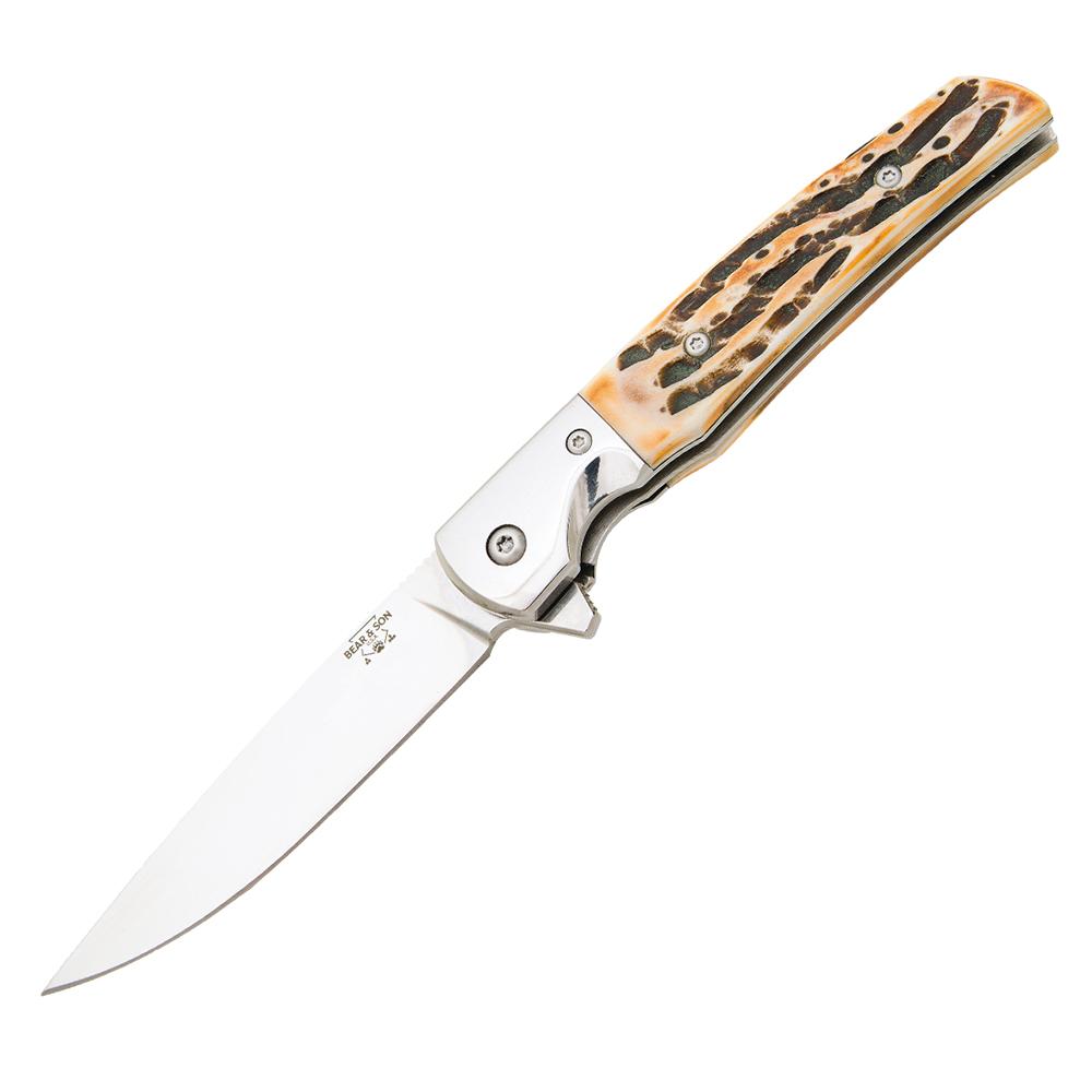 Bear & Son Rancher Sideliner Folder 3-3/8" Drop Point D2 Steel Stag Bone
