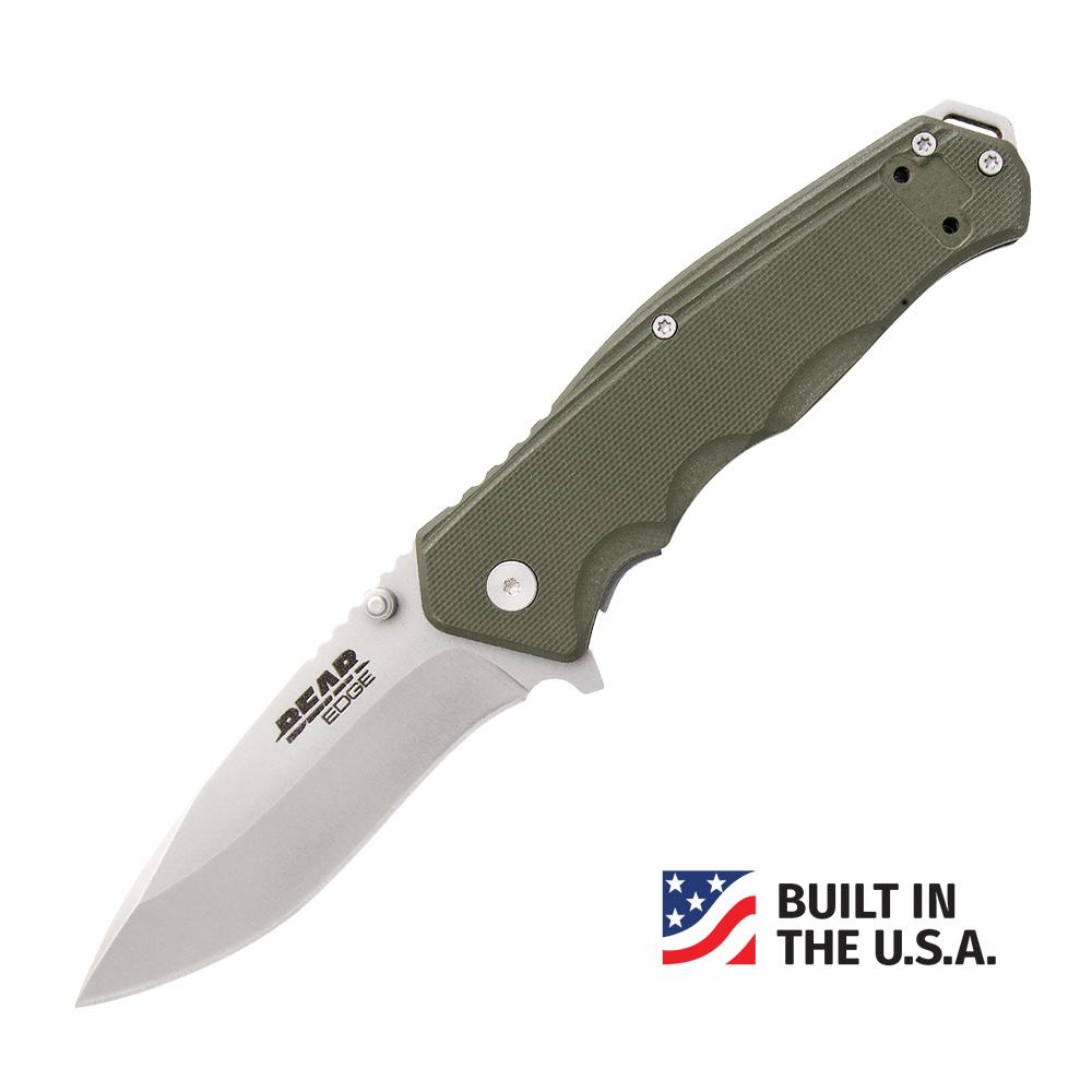 Bear & Son G10 Sideliner 3-3/8" Drop Point Folding Knife OD Green - Trigger Lock