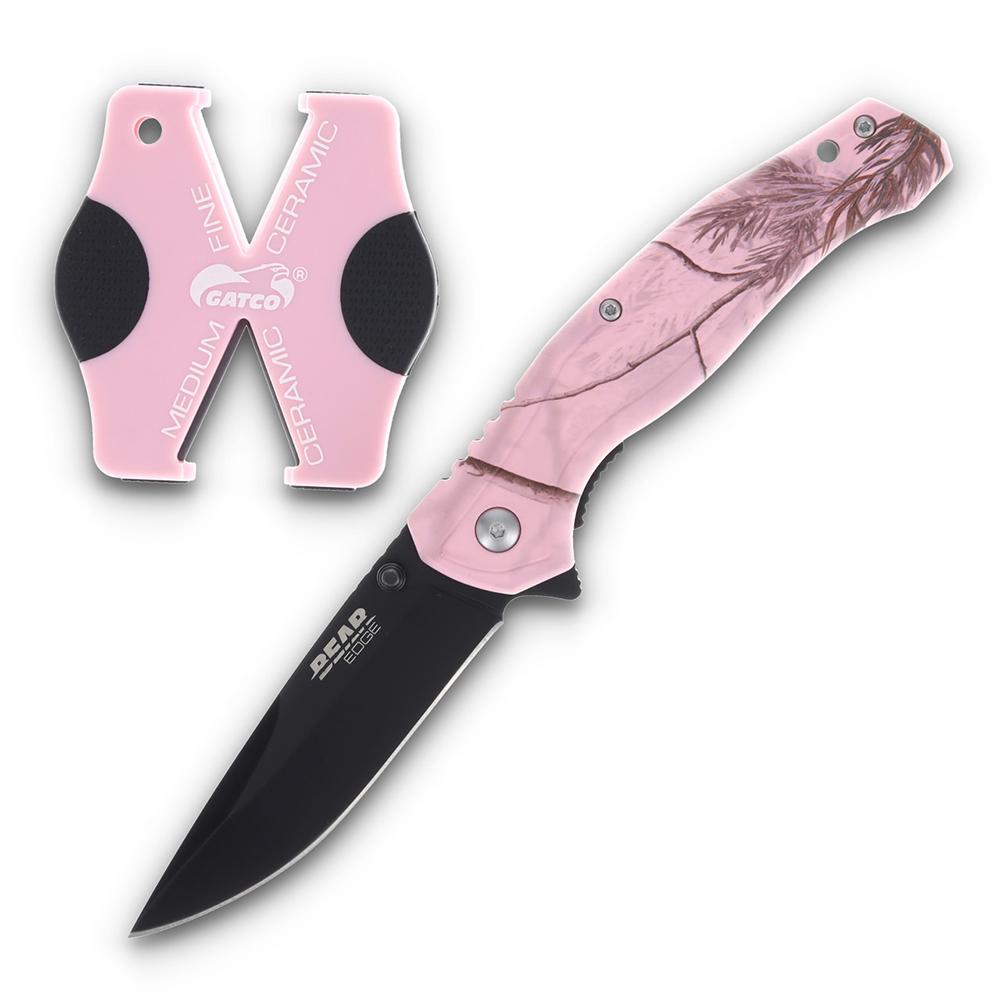 Bear & Son Edge Brisk 2.0 Drop Point Folding Knife and Sharpener Pink Camo