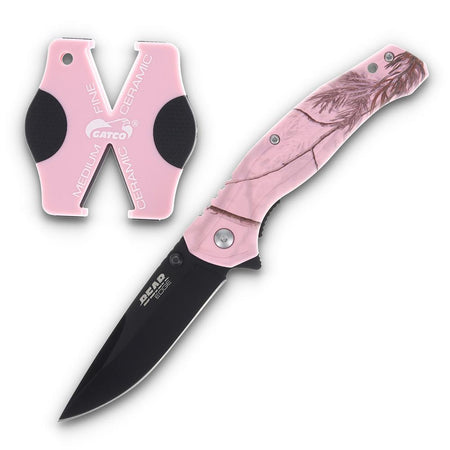 Bear & Son Edge Brisk 2.0 Drop Point Folding Knife and Sharpener Pink Camo