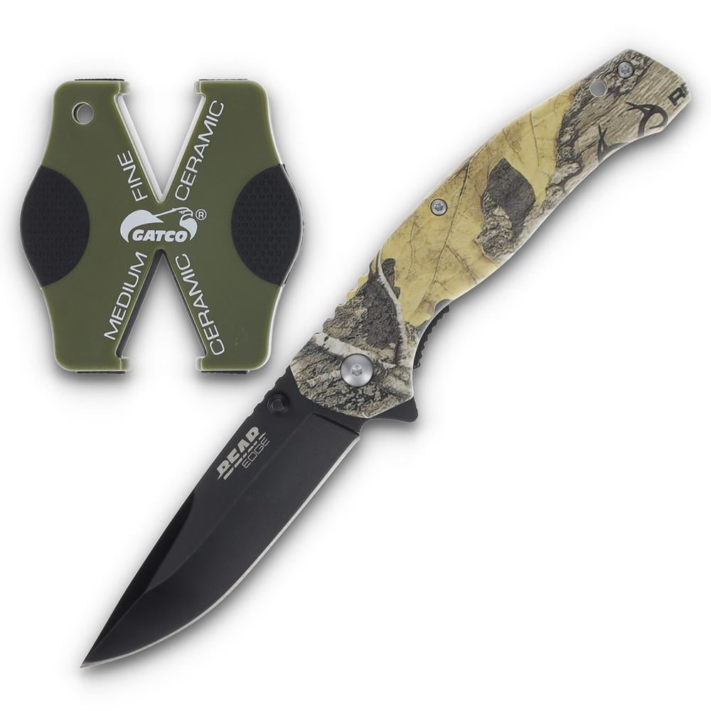 Bear & Son Edge Brisk 2.0 Drop Point Folding Knife Sharpener Combo Brown Camo
