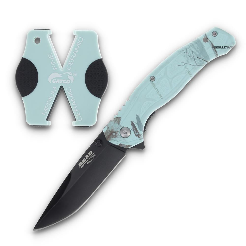 Bear & Son Edge Brisk 2.0 Drop Point Folding Knife and Sharpener Teal Camo