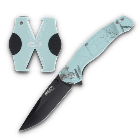 Bear & Son Edge Brisk 2.0 Drop Point Folding Knife and Sharpener Teal Camo