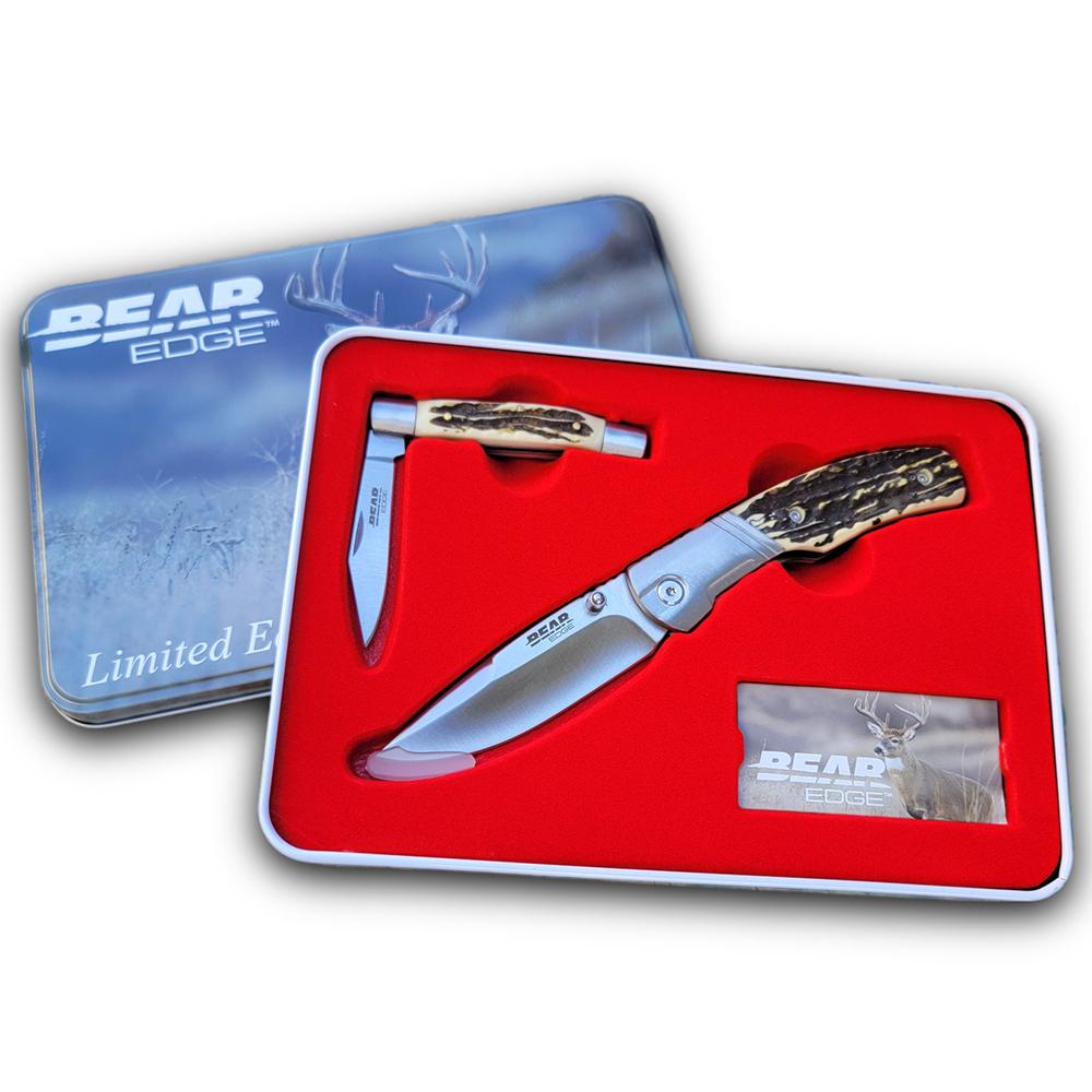 Bear & Son Limited Edition Stag Delrin Two Folding Knife Combo with Deer Gift Tin