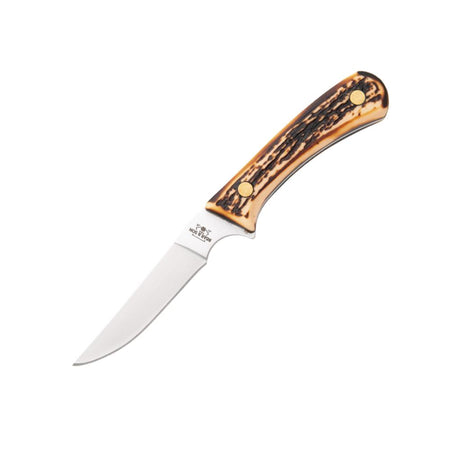 Bear & Son Bird & Trout 3" Clip Point Fixed Blade Knife Stag Delrin Handle Leather Sheath