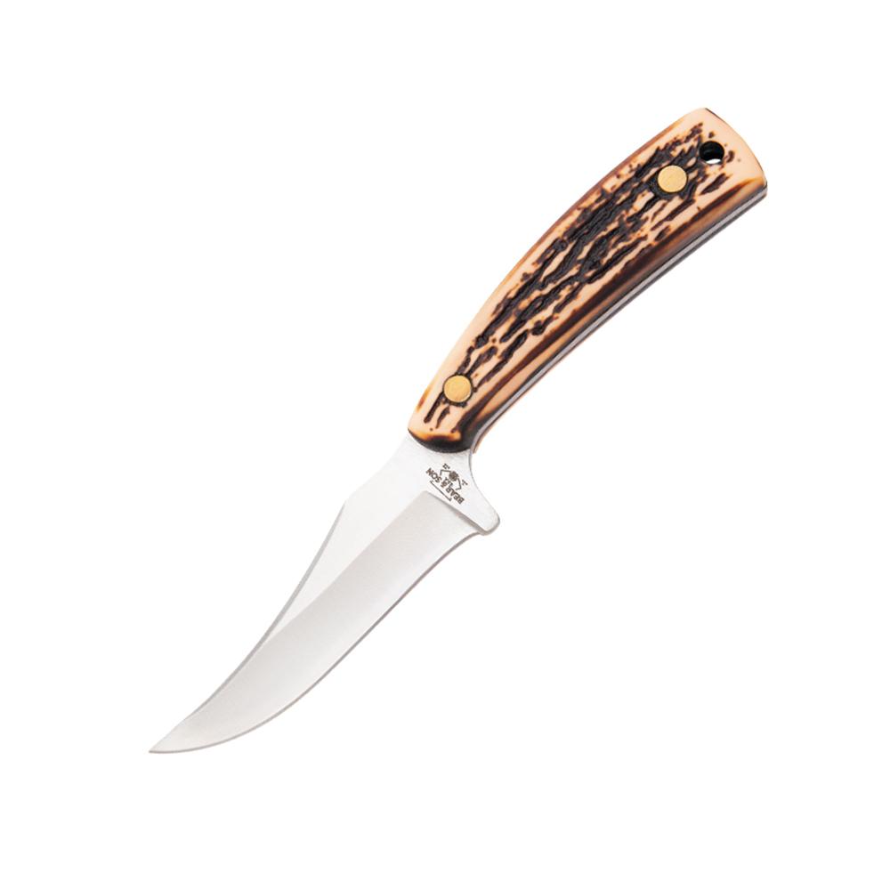 Bear & Son Upswept Skinner 3-1/8" Clip Point Fixed Blade Knife Stag Delrin with Leather Sheath