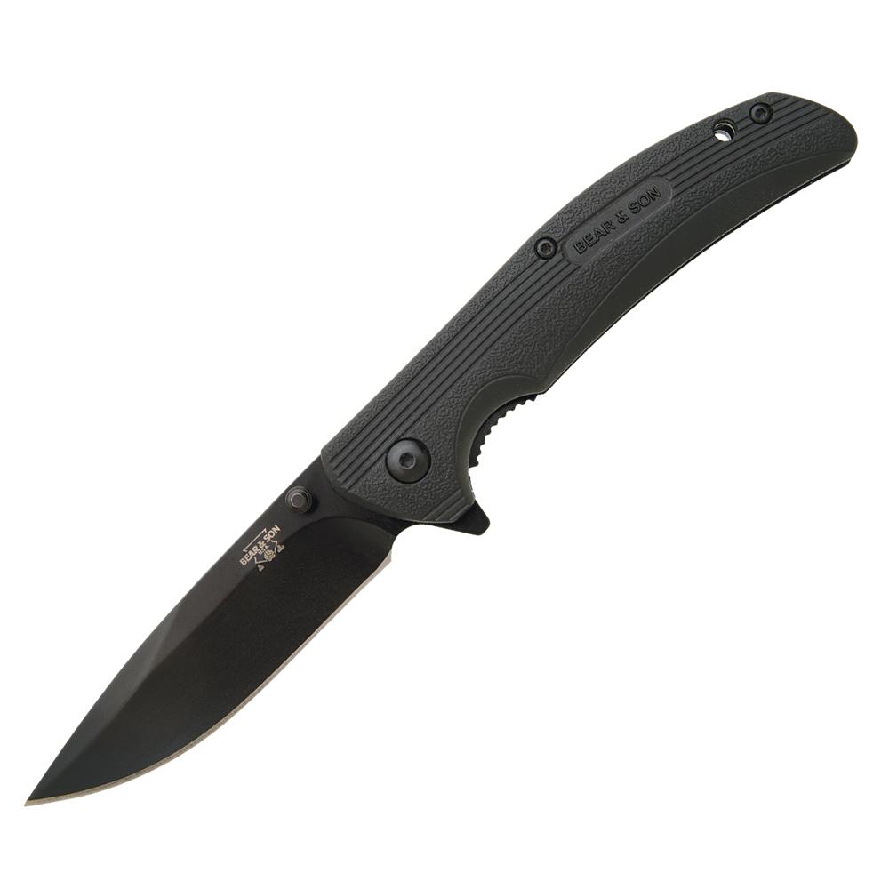 Bear & Son Sideliner 3-3/4" Drop Point Folding Knife Black Zytel with Flipper