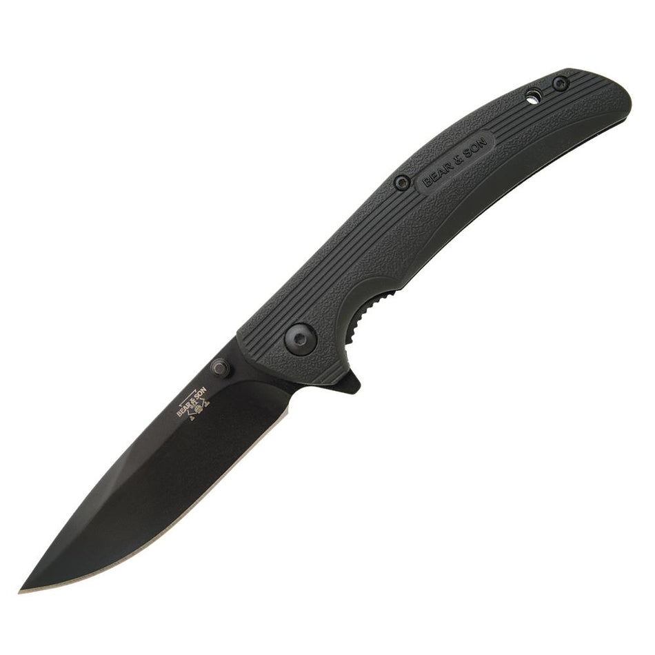 Bear & Son Sideliner 3-3/4" Drop Point Folding Knife Black Zytel with Flipper