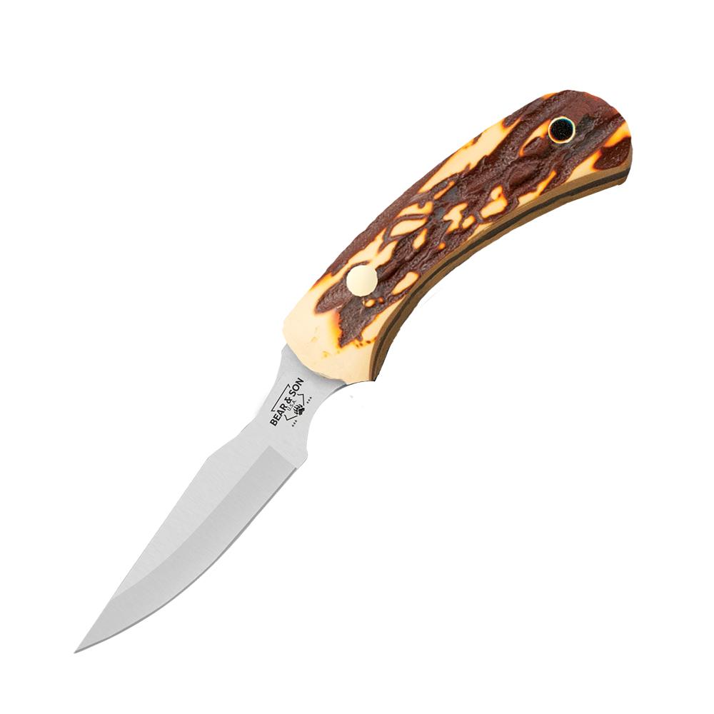 Bear & Son Caper Fixed Blade Knife 2-1/2" Clip Point Stag Delrin Handle Leather Sheath