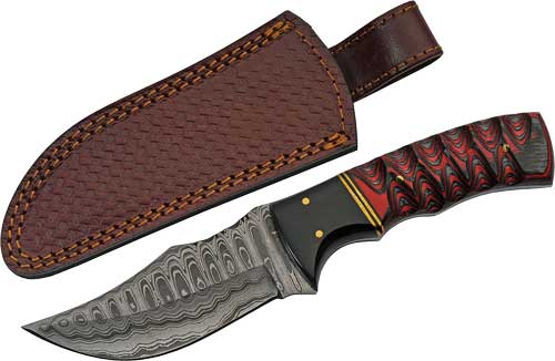 SZCO 4" Buffalo Horn Twisted Wood Handle Damascus Fixed Blade with Sheath