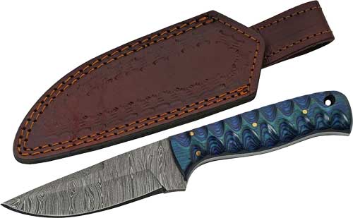 SZCO 4" Blue Twisted Wood Damascus Hunting Fixed Blade with Sheath