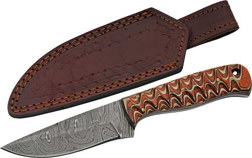 SZCO 4" Red Twisted Wood Damascus Hunting Fixed Blade with Sheath