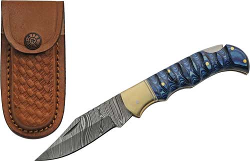 Rite Edge SZCO 3" Blue Grooved Wood Handle Damascus Lockback Knife with Sheath
