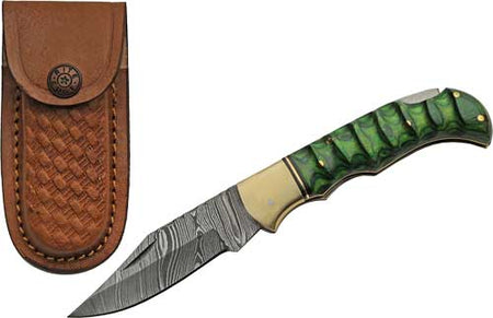 Rite Edge SZCO 3" Green Grooved Wood Handle Damascus Lockback Knife