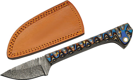 SZCO 6.5" Blue Caping Knife Damascus Blade with Leather Sheath