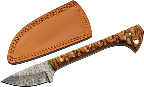 SZCO 6.5" Brown Caping Knife Damascus Blade with Leather Sheath