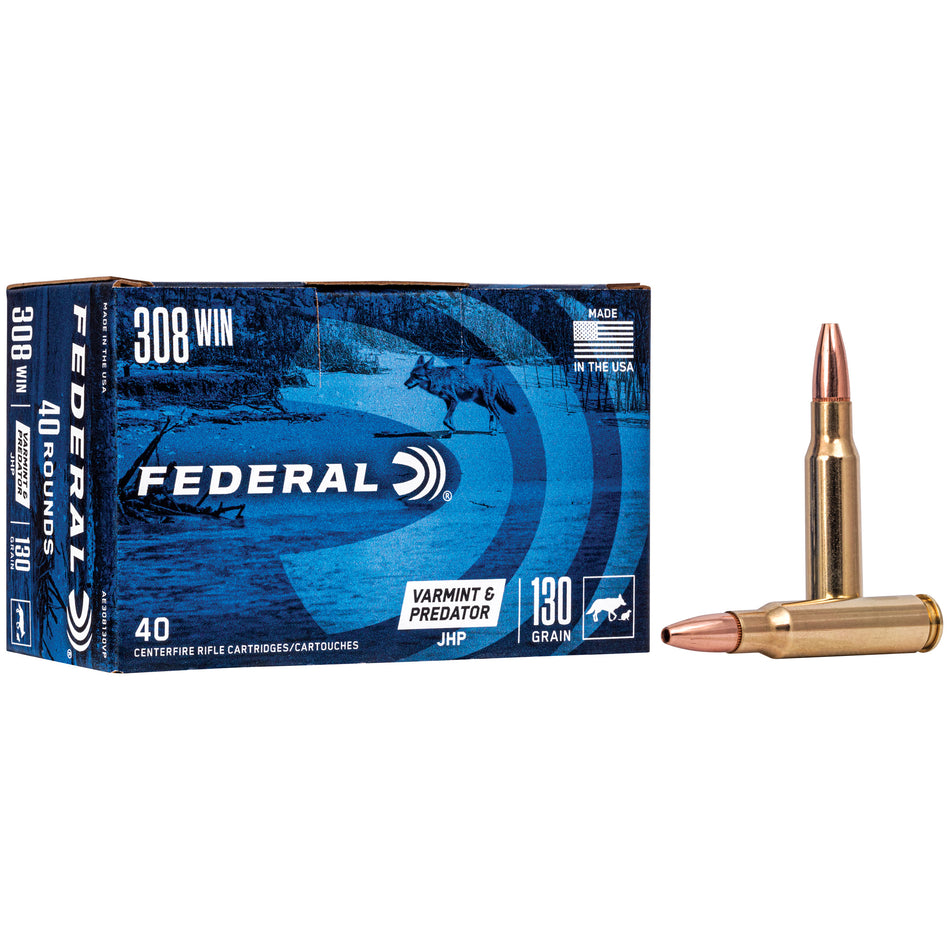 Federal .308 Win / 7.62x51mm American Eagle Varmint & Predator 130 grain Jacketed Hollow Point ammunition