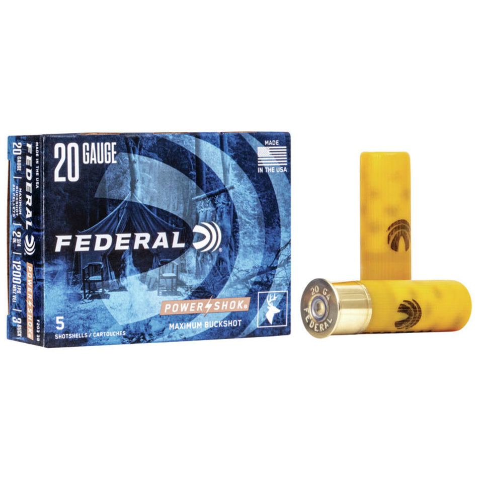 Federal F2033B Power-Shok Magnum 20 Gauge 2.75" 1oz 3 Buck Shot 1200 fps 029465009830