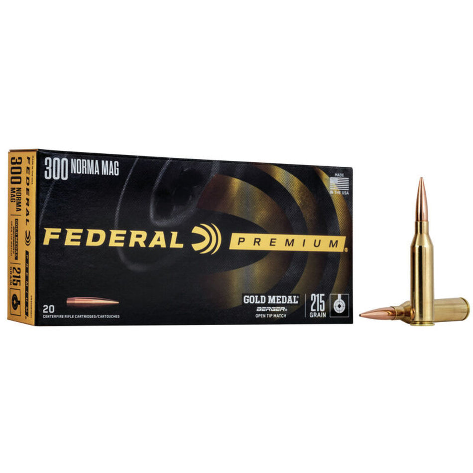 Federal .300 Norma Mag Premium Gold Medal 215 grain Berger Hybrid Open Tip Match ammunition