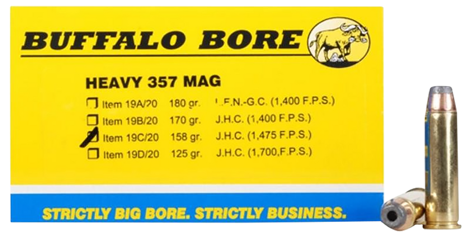 Buffalo Bore Ammunition 19C20 Heavy Strictly Business 357 Mag 158 gr Jacketed Hollow Point (JHP) 20 Per Box/ 12 Cs
