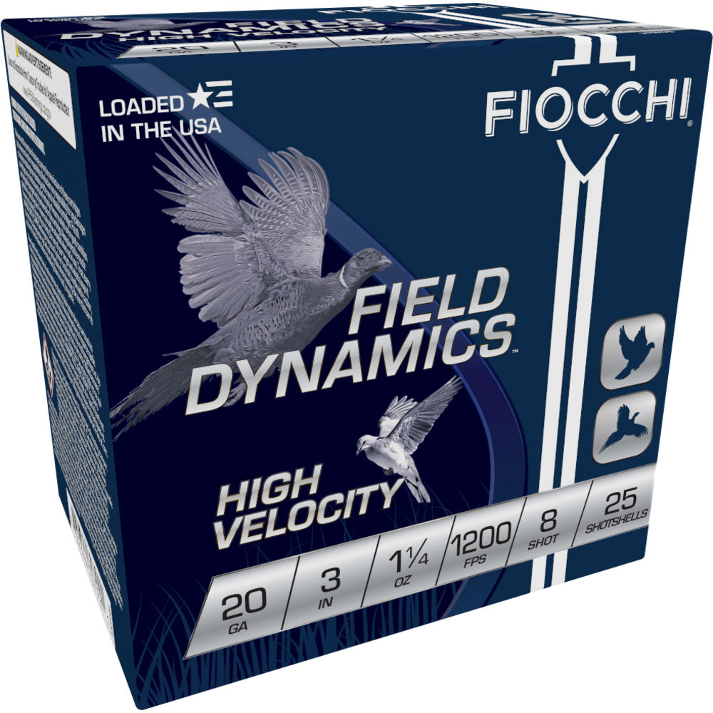 Fiocchi 20 Gauge Shotgun Ammo Field Dynamics High Velocity Upland Game Load 3 in 1-1/4 oz #8