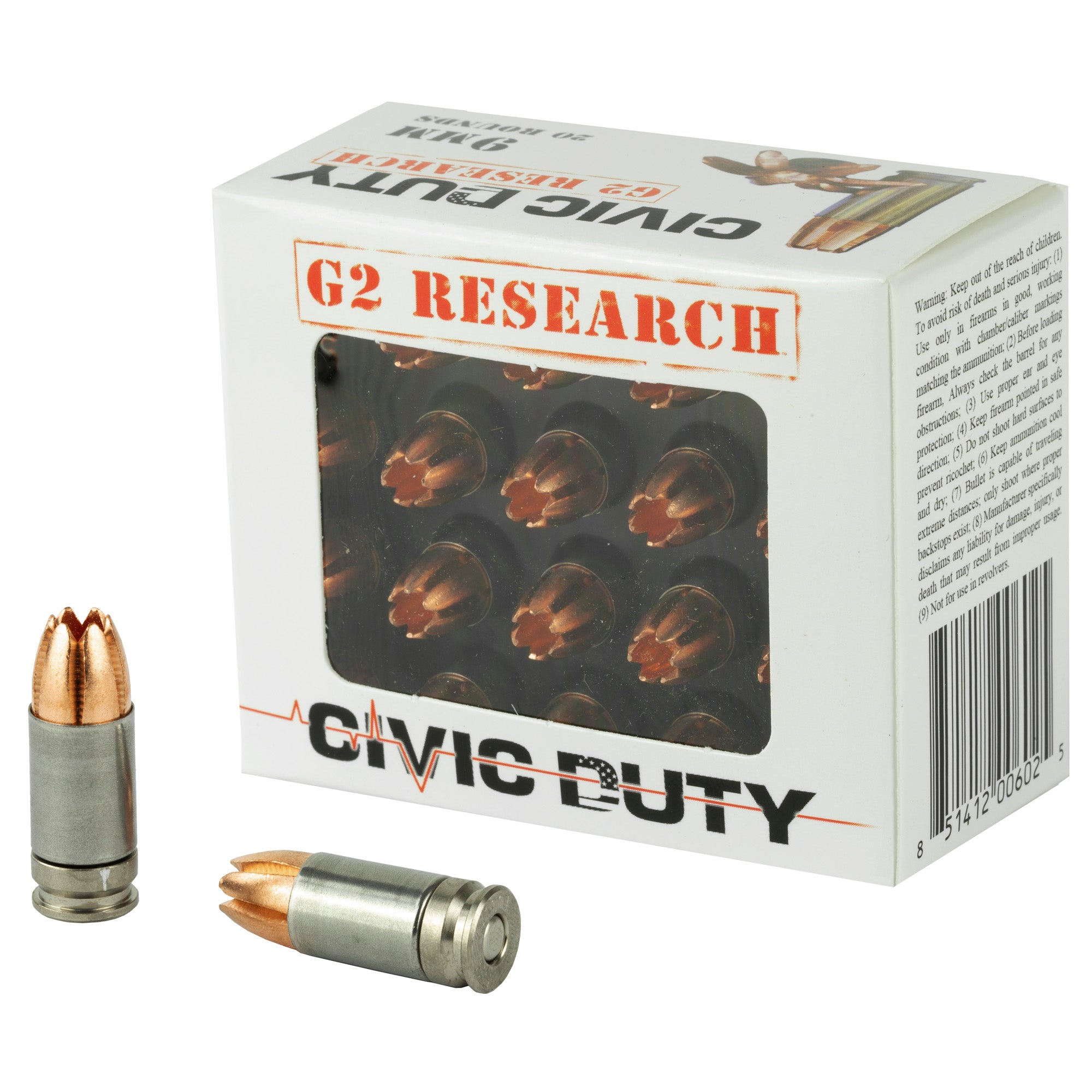 G2 Research Civic Duty Copper Expansion Projectile 100 Grain 9mm Luger/Parabellum 1230 fps 851412006025