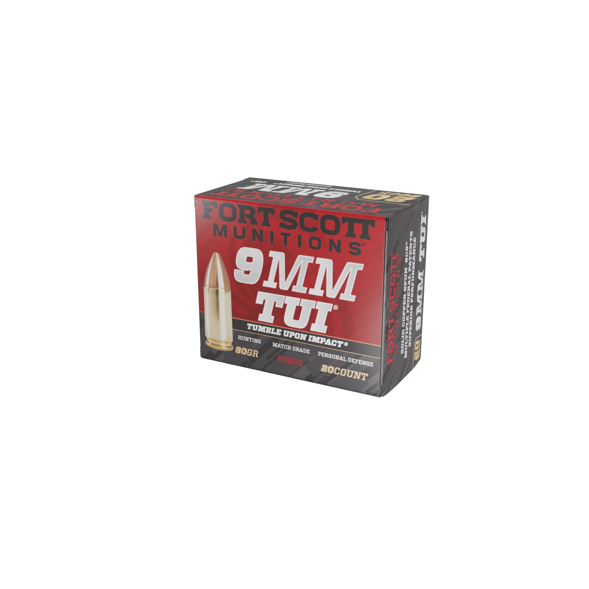 Fort Scott Munitions Tumble Upon Impact (TUI) Solid Copper Spun 80 Grain 9mm Luger/Parabellum 1356 fps 753677048294