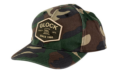 GLOCK Quadcam Lightly Distressed Woodland Camo Cap with Woven Patch, Snapback AP95880