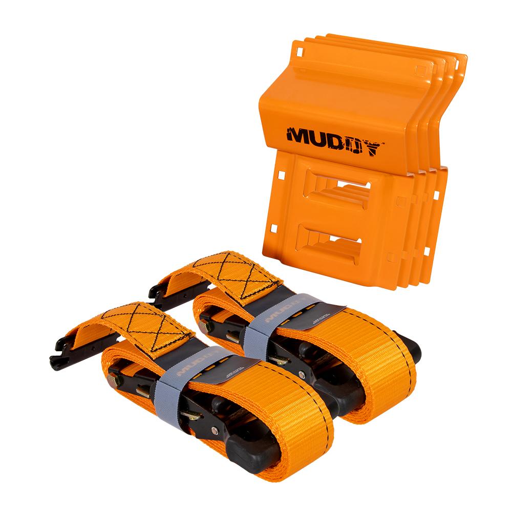 Muddy 2-Piece UTV Wheel Chock and Ratchet Strap Tie-Down Kit Orange